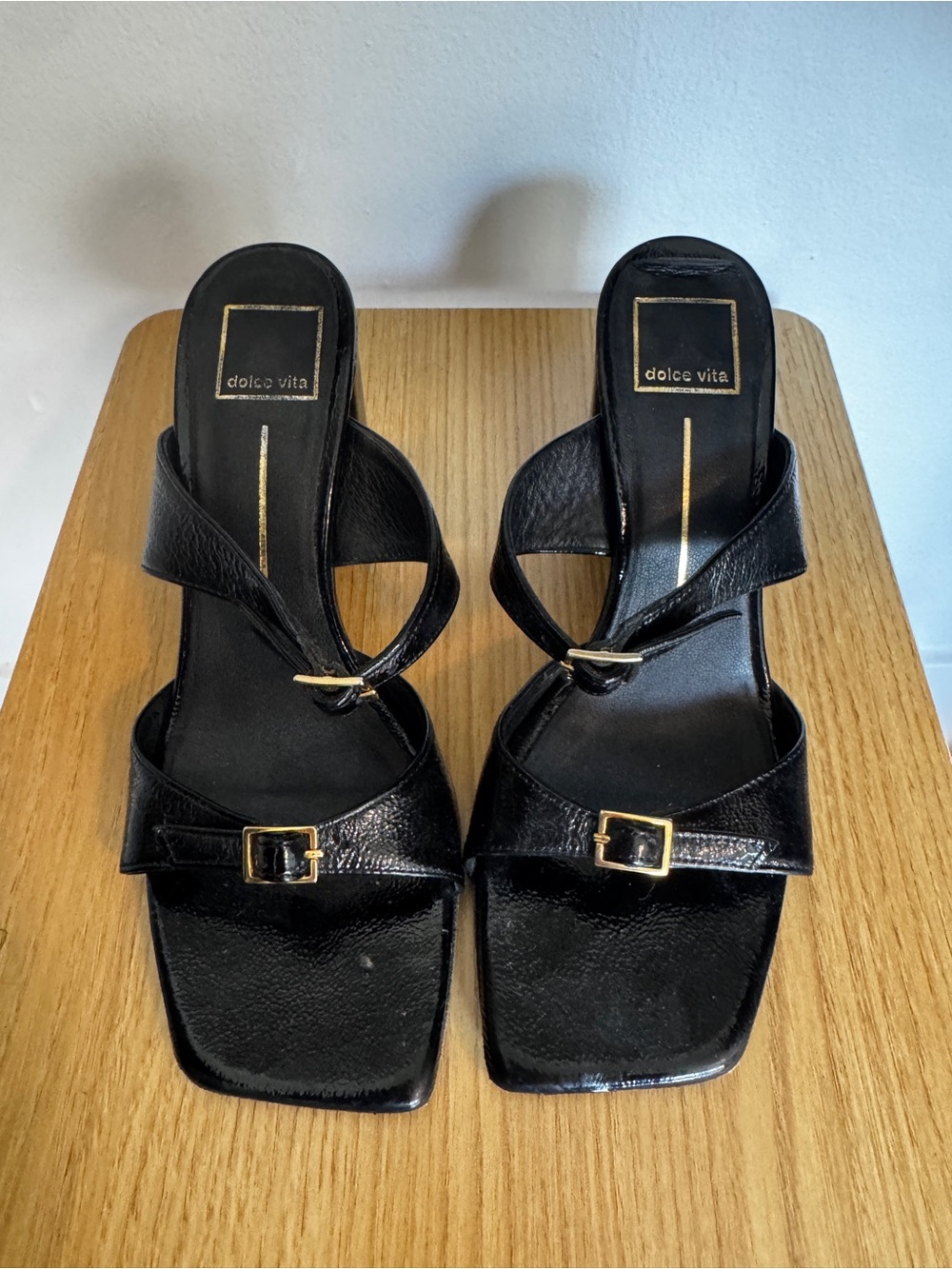 Dolce Vita Black Leather Buckle Mid-Heel Sandals